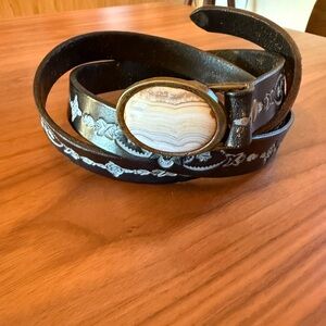 Vintage Black Leather Belt with Agate Stone and Brass Buckle